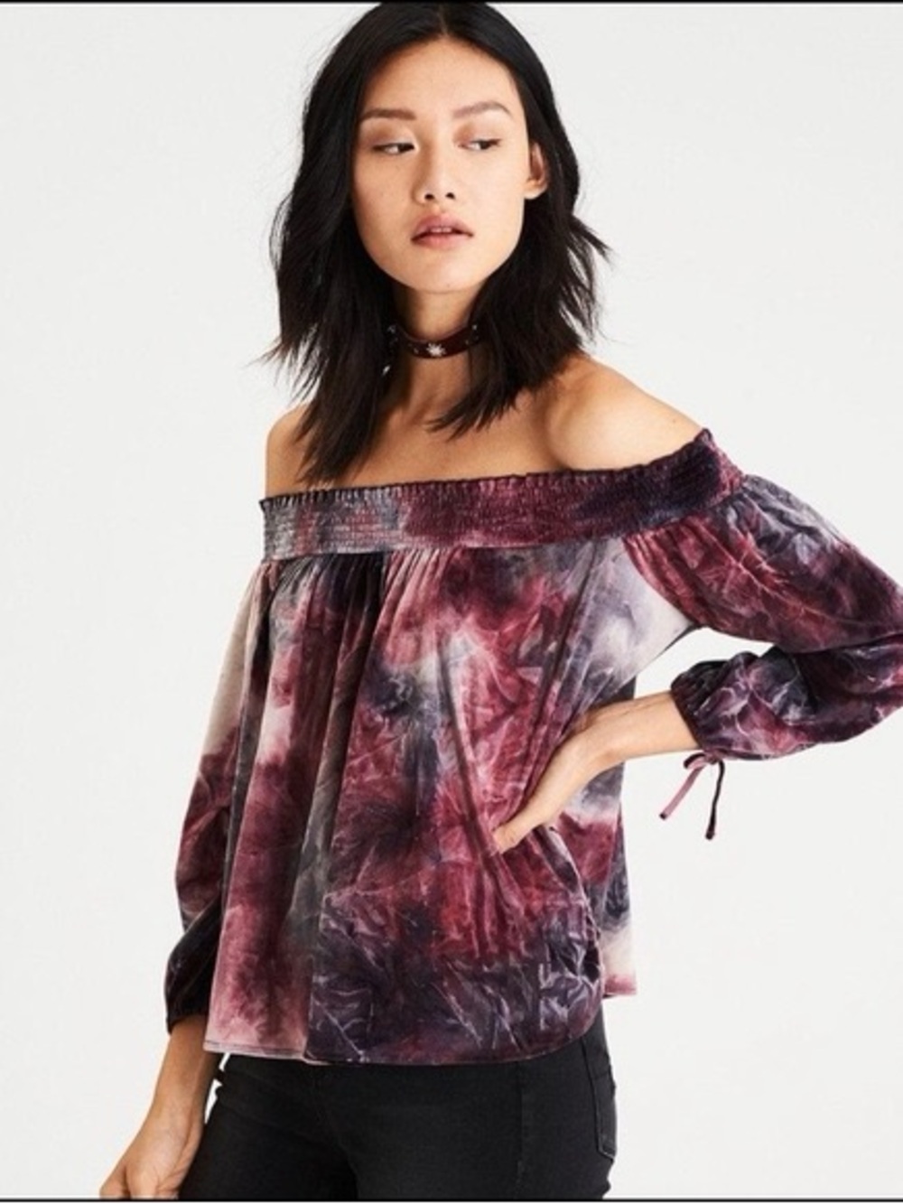 F045 AMERICAN EAGLE Velvet Off Shoulder Top